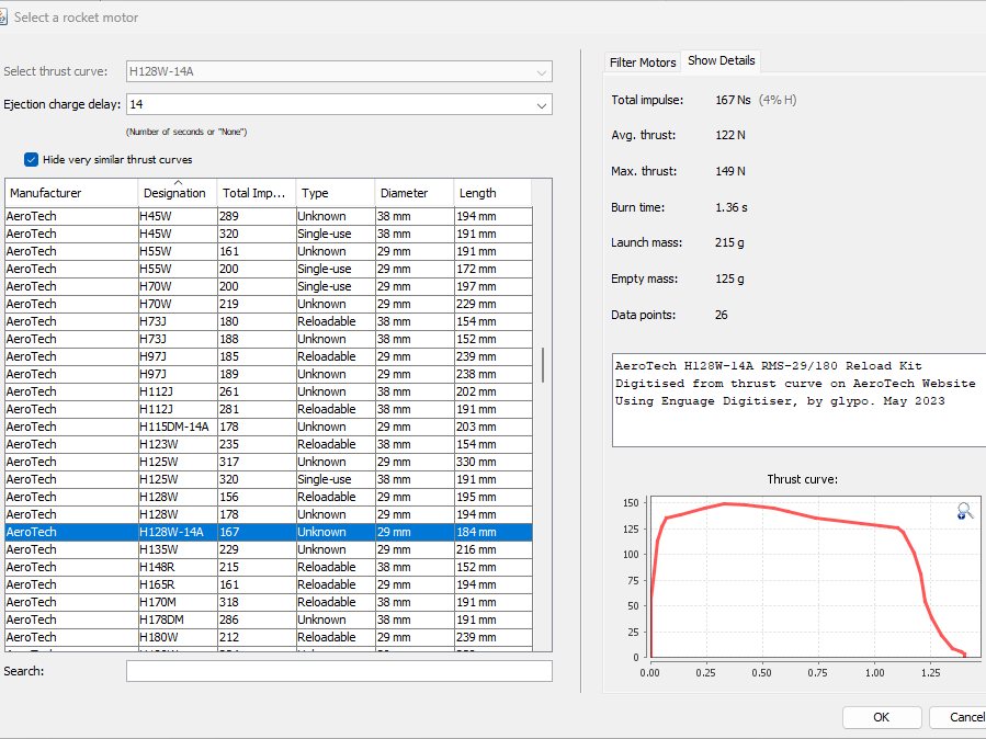 H128W OpenRocket profile
